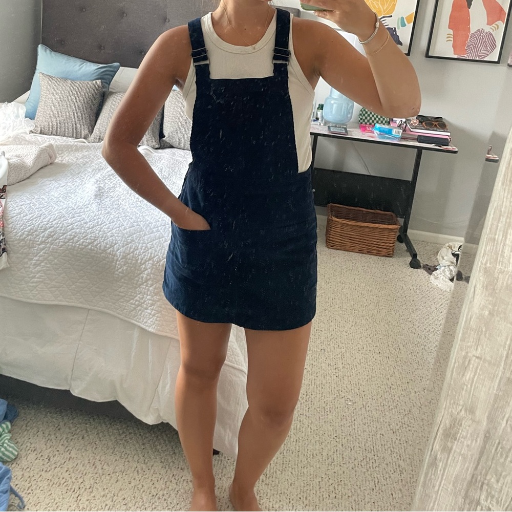 Navy blue corduroy overall dress